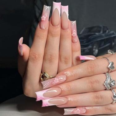 Imagem de YoYoee Unhas Postiças De Luxo, Longas, Estilo Caixão, Pontas Degradê, 3D, Margarida, Prensa Francesa Em Acrílico, Cobertura Total, Falsas Para Mulheres E Meninas, 24 Peças