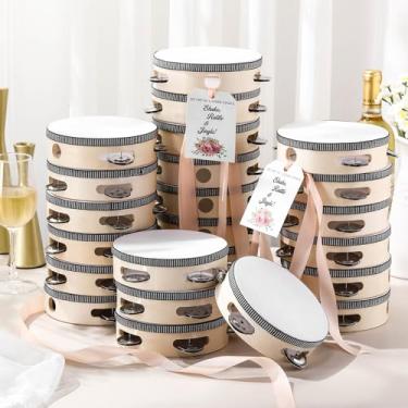Imagem de Lukmaa Conjunto de 24 Pandeiros de 15 cm para adultos Tamborins de madeira a granel com jingles de metal, etiquetas de presente, fita bege instrumento musical de presente de percussão para festa de