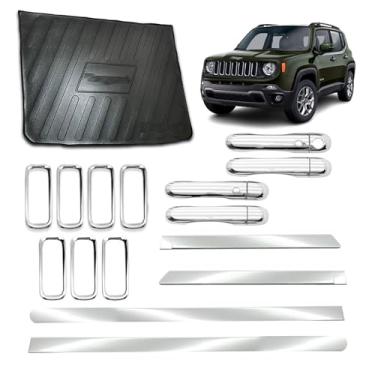 Imagem de Friso Lateral Largo + Apliques de Maçaneta P/Keyless + Protetor de Porta-Malas + Aplique para Grade Dianteira 4 Portas Adaptável para Renegade 2015 2016 2017 2018 Kit Cromado