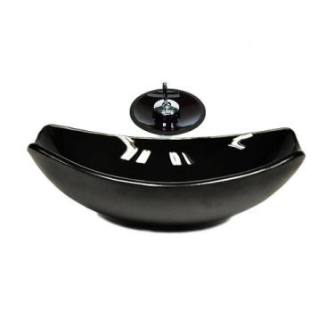 Imagem de Cuba de vidro oval chanfrada 51cm preta + valvula + torneira cascata -