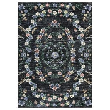 Imagem de COZYLOOM Tapetes grandes de insetos botânicos laváveis para sala de estar, 22 x 30,5 cm, preto, moderno, estampa floral, tapete antiderrapante, revestimento interno resistente a manchas para sala de