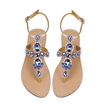 Imagem de ZhuLinFeng Sandália gladiadora feminina com strass, pingtan, sandálias de casamento com pérolas brilhantes para noivas, sandálias azuis boêmias, Dourado, 13