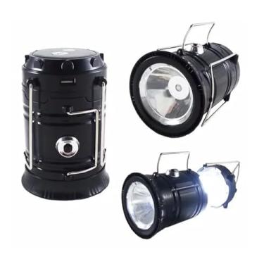 Imagem de Lampião Retrô de Camping Lanterna LED 2 em 1 Recarregável com Luz Solar Luminária Portátil de Multiuso para Acampamento Pesca Trilhas com Carregador USB de Design Premium (Preto)