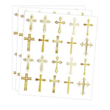 Imagem de Adesivos de cruz dourada, folha dourada, decalques católicos cristãos de 3,8 cm para igreja, escola dominical, sala de aula, lembrancinha de festa cristã, 300 peças