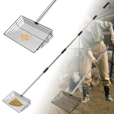 Imagem de HitTopss Colher de cocô de galinha de metal, colher grande de galinheiro de 25 cm de largura com alça ajustável de aço inoxidável de 61 a 172 cm, pá de peneiramento de areia para galinheiro para areia