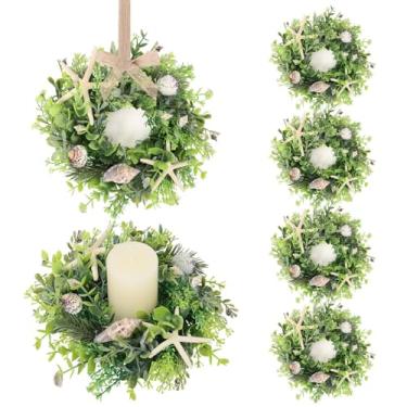 Imagem de 6 peças de anéis de vela de estrela do mar, grinaldas, mini anéis de vela de primavera, verão, grinaldas, guirlanda rústica de casa de fazenda com concha, estrela-do-mar, para festa de casamento