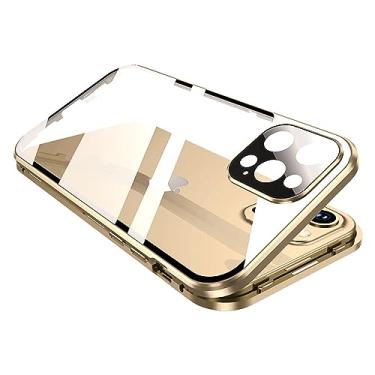 Imagem de KMXDD Capa magnética bloqueável para iPhone 15 Pro Max com protetor de tela de bloqueio de segurança, protetor de lente de câmera de vidro dupla face 360°, capa transparente (15ProMax, dourada)
