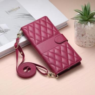 Imagem de HJZSZX Para iPhone 13 Mini Long Lanyard Crossbody Couro Carteira Cartão Capa de Telefone Flip Cover (Para iPhone 13 Mini/Vermelho)