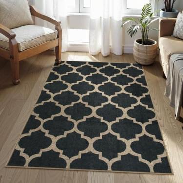 Imagem de Lahome Tapete marroquino fácil de juta lavável 3x5, tapete preto antiderrapante para entrada de pátio, treliça, leve, neutro, resistente a manchas, interior e exterior, tapete pequeno para sala de