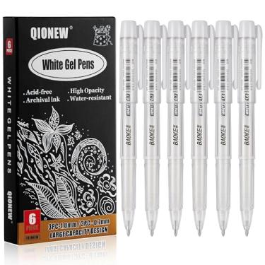 Imagem de Qionew Canetas de gel brancas, 1 mm, ponta fina de 0,7 mm, opacas, brancas, para desenho em papel preto, destaque de arte, diário de balas, ilustração e confecção de cartões, pacote com 6