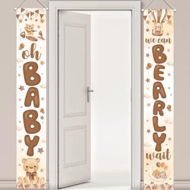 Imagem de Decoração de festa de chá de bebê urso - 2 fotos We Can Bearly Wait Faixa de sinal de varanda, faixa de revelação de gênero, sinal de varanda para festa de boas-vindas de bebê, acessórios de fotos de