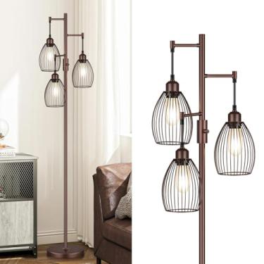 Imagem de Luminária industrial de fazenda regulável, luminárias altas de árvore marrom fosco com 3 elegantes cabeças de gaiola em forma de gota e lâmpadas LED Edison de 800 lúmens para sala de estar, quarto