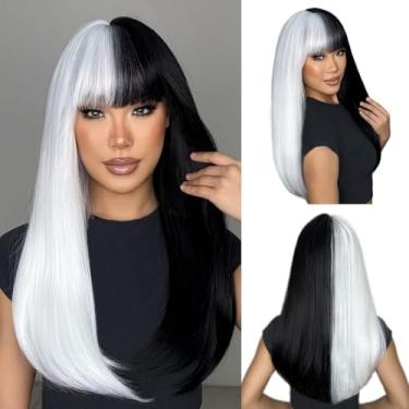 Imagem de ENTRANCED STYLES Peruca feminina meio preta e branca, longa, lisa, com franja, cabelo sintético cospaly para festa de Halloween, 56 cm