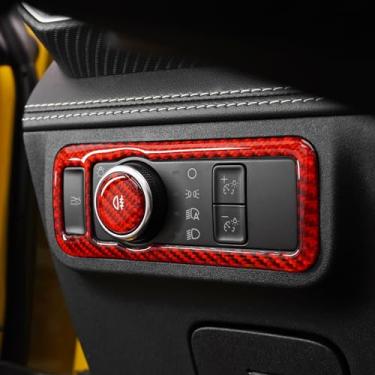Imagem de BETTERHUMZ Console central de carro compatível com Ford Mustang 2024 2025 fibra de carbono interruptor de farol botão moldura adesivo acessórios interiores (vermelho)