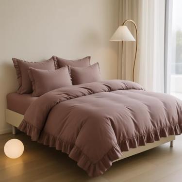 Imagem de Conjunto de capa de edredom com babados malva – roupa de cama chique gasto romântico em tamanhos casal/queen e king, capa de edredom 100% algodão lavado com zíper – Conjunto de capa de edredom