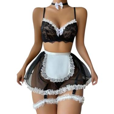 Imagem de Aivtalk Conjunto feminino de 3 peças, conjunto de lingerie de renda, bloco de cores, cintura baixa, com aro, fantasia de empregada pequena