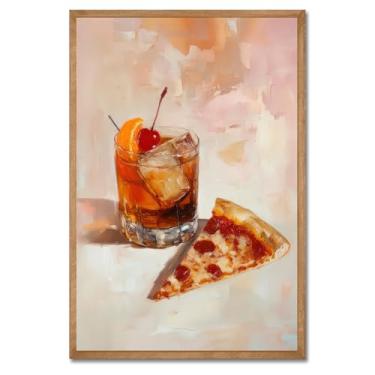 Imagem de Arte de parede de bar retrô decoração de parede de cozinha descolada coquetel à moda antiga com fatia de pizza pôster engraçado em tela impressa arte bar carrinho decoração vintage pôster de coquetel