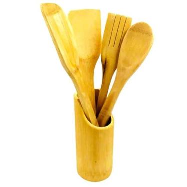 Imagem de Kit Utensílios de Cozinha em Bambu e Madeira, 5 Peças com Suporte, Amarelo, 28 cm, Colher e Espátulas
