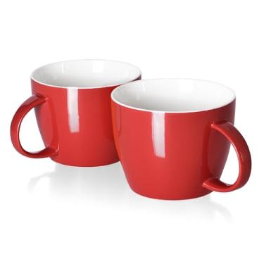 Imagem de Conjunto de 2 canecas de café de cerâmica, copos de sopa grandes brilhantes, conjunto de xícaras vermelhas de café grande para presente para ele e ela, tigelas de sopa de 850 g com alça para sopa de