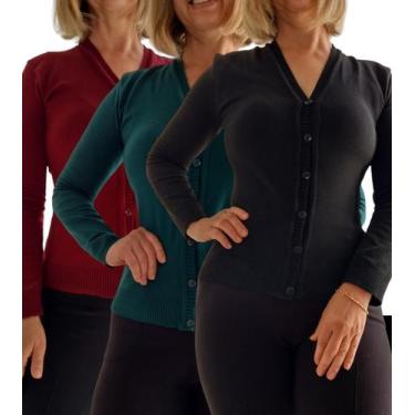 Imagem de Kit 03 Blusa Tricô Cardigan Feminino Suéter Casaquinho com Botões Gola