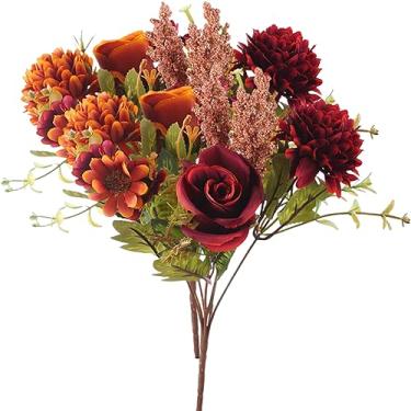 Imagem de Flores de crisântemo artificiais, 2 peças de flores artificiais de crisântemo, 7 ramos, 10 cabeças para casamento, Halloween, seda, outono