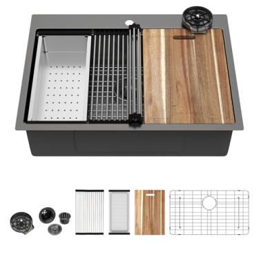 Imagem de Pia de cozinha preta 30 - Kichae 30 x 22 Drop In Kitchen Sink Workstation Gunmetal Black Nano Revestimento de aço inoxidável 304 calibre 16 com enxágue de vidro e tábua de corte