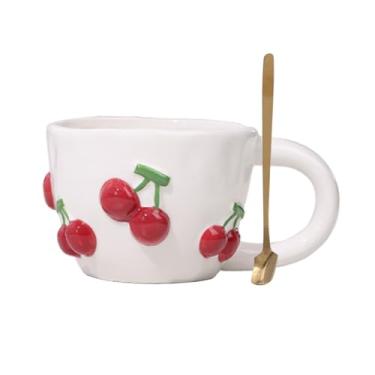 Imagem de FTNESGYM Caneca de café de cerâmica, caneca alegre fofa de 293 ml com colher, xícara de chá criativa para café, chá, chocolate quente, cappuccino, seguro para micro-ondas e lava-louças (alegre)