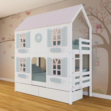 Imagem de Beliche Casinha Bela com Coração 2 Gavetas 4 Janelas Venezianas - Madeira Maciça Branco/Rosa/Verde | Megamobilia