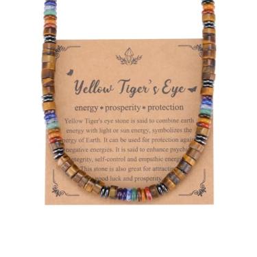 Imagem de Jovivi Colar masculino de cristal de cura preto obsidiana olho de tigre, 7 chakras, pedras preciosas, colar de contas de pedra natural, joias de proteção tripla, presentes para homens, alívio do