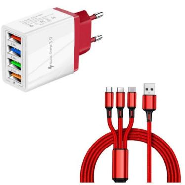 Imagem de Carregador de Celular 4 Portas Com Cabo USB 3 em 1 - Travel Charger