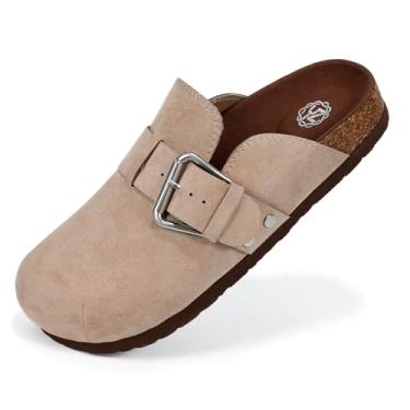 Imagem de YZ Tamancos femininos de camurça sintética de couro, fivela ajustável, palmilha de cortiça, chinelos para casa com suporte de arco, Cinzento-acastan, 36