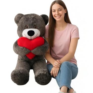 Imagem de Urso de Pelúcia Gigante 1m Cinza com Almofada Coração Romantico Fofo Hipoalergênico Macio - Pelucias HAS Brasil