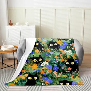 Imagem de jejeloiu Lindo cobertor de lã de gato preto solteiro 152 cm x 203 cm cobertor de flanela floral infantil felpudo para meninos meninas desenho kawaii animal arte para cama sofá cadeira sala de estar