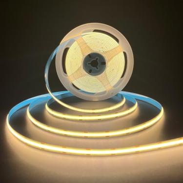 Imagem de HAMRVL Fita de LED COB 16,4 pés/5 m 2400 LEDs branco quente 3000K, CRI90+ super brilhante alto lúmen, fita LED flexível DC24V 8 mm fita de luz COB interna para espelho, quarto, cozinha, armário (sem