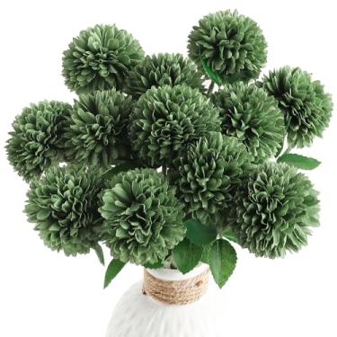 Imagem de Floroom 12 peças de flores artificiais de seda sintética verde esmeralda crisântemos falsos a granel com hastes para buquês de casamento faça-você-mesmo, centros de mesa, arranjos florais, enchimentos