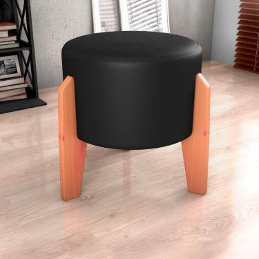 Imagem de Puff Banqueta Redondo Pés Madeira Luxo Matrix Sintetico Preto