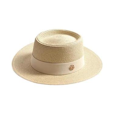 Imagem de Chapéu De Sol De Palha De Verão Feminino Aba Plana Fita Boné De Praia 