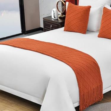 Imagem de Cachecol de corredor de cama de hotel cor sólida toalha de cama de malha luxuosa cachecol de cama com borlas proteção de cama boêmia hotel casa cobertores decorativos - laranja||60 x 230 cm (cama de