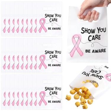 Imagem de Weekgrat 50 sacos pequenos de fita rosa com alças, sacos plásticos de conscientização do câncer de mama, presente mostre que você se importa com lutador de câncer de mama para mulheres e homens, festa