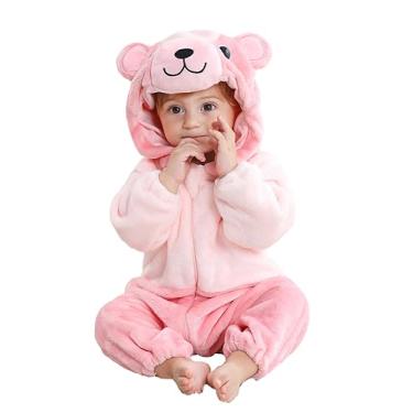 Imagem de Macacão unissex de flanela de animais para o Natal e Halloween, macacão com capuz e urso rosa de inverno para recém-nascidos, meninos, meninas, manga comprida, zíper frontal, cosplay 90