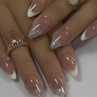 Imagem de Pregos postiços de amêndoa média, pregos brancos com ponta francesa, cola brilhante nas unhas, unhas postiças nuas com design de glitter, unhas de acrílico fofas para outono e inverno, 24 peças