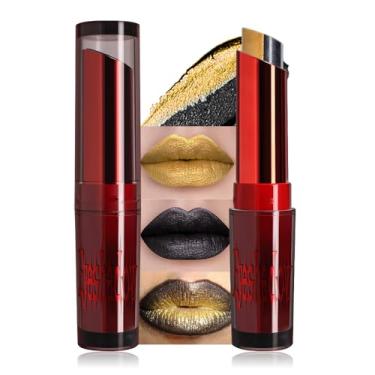 Imagem de AMY'S DIARY Shimmer Batom preto dourado de longa duração metálico delineador labial brilhante para mulheres, maquiagem de duas cores, bastão de sombra, hidratante altamente pigmentado, cobertura