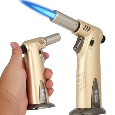 Imagem de Tocha de butano, tocha de cozinha grande de chama dupla premium, com trava de segurança, ajustável, recarregável, multiuso, maçarico culinário para creme brulee, assar, churrasco (gás butano não