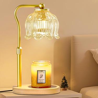 Imagem de CASTLELIFE Lâmpada de aquecedor de velas com temporizador e regulação contínua, aquecedor elétrico de cera ajustável em altura para velas em frasco, derretidor de cera de flores com base de madeira