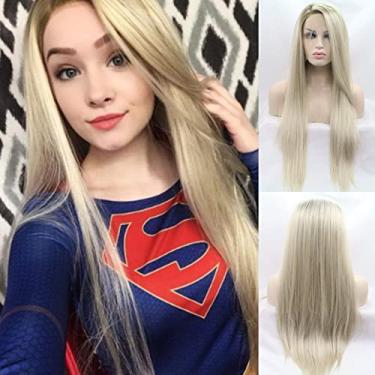 Imagem de Peruca loira ombré, longa, sedosa, lisa, loira, peruca frontal para mulheres, linha do cabelo natural, raízes escuras, peruca longa de renda, sem cola, sintético resistente ao calor, arrastando o