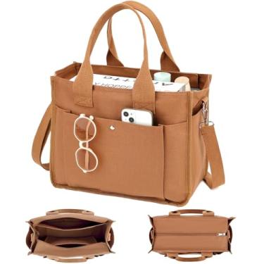 Imagem de Fammart Bolsa feminina grande de lona com zíper e compartimentos, bolsa transversal para laptop para trabalho, faculdade e escola, Alça ajustável - marrom, Large