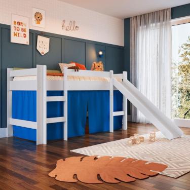 Imagem de Cama Infantil Elevada com Escorregador Branco e Cortina Azul Completa Móveis