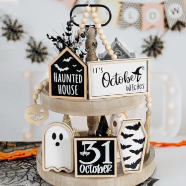 Imagem de Conjunto de decoração de bandeja em camadas de Halloween, decoração interna de Halloween para prateleira de mesa | Caixão de morcego, casa assombrada, fantasma, bruxas, placa de 31 de outubro |