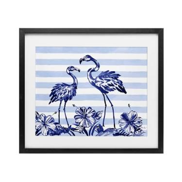 Imagem de Stupell Industries Impressão emoldurada de flamingos índigo sobre listras pretas sob vidro, design de Paul Brent, 13 x 16