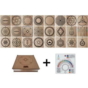 Imagem de Kit Caixa + 24 Gráficos Radiestesia MDF Cru 20x20cm 3mm + Relógio Pran